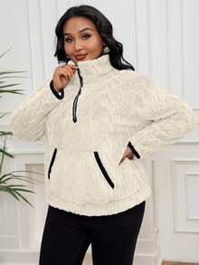 Hanorac cu buzunar scurt și fermoar, stil european și american, mărime plus, toamnă/iarnă