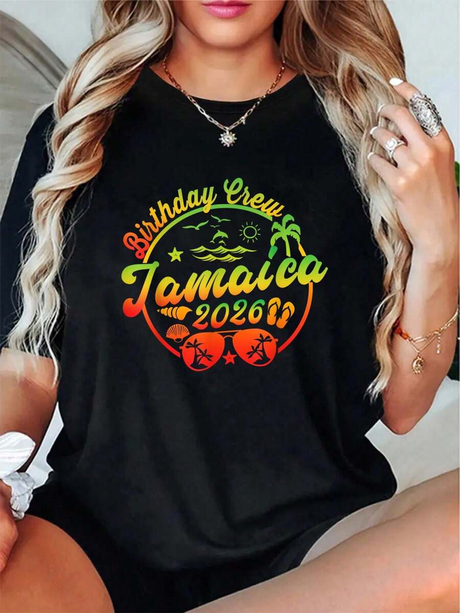 Jamaica Birthday Crew 2026 Vacation Birthday Trip Cruise T-Shirt - 100% Cotton Graphic Tees Women, Summer Clothes - 黑色 - 查看 1