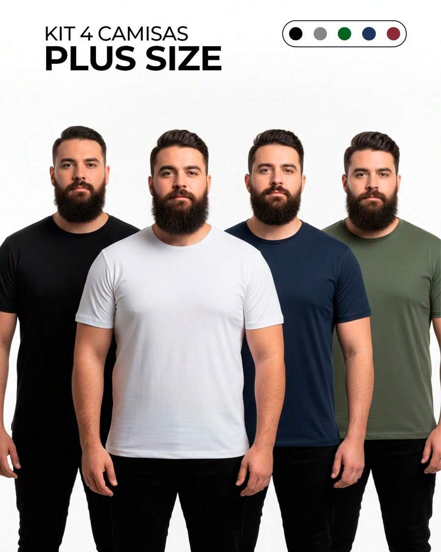 Set Of 4 Men's Plus Size T-Shirts, 100% Cotton, Basic Short Sleeve, Comfortable, Soft Touch, Breathable, Casual, Or A Single T-Shirt - 黑色/白色/海軍藍/綠色 - 查看 1