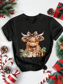 1pc Women'S Highland Cow Christmas T-Shirt - Casual Crew Neck Short Sleeve Top With Cartoon Print, Knit Polyester Blend (95% Polyester, 5% Elastane) - Regular Fit Summer Fashion Clothing - Black - View 1