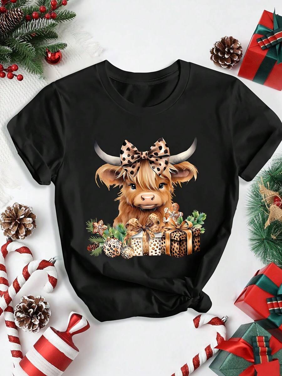 1pc Women'S Highland Cow Christmas T-Shirt - Casual Crew Neck Short Sleeve Top With Cartoon Print, Knit Polyester Blend (95% Polyester, 5% Elastane) - Regular Fit Summer Fashion Clothing - Black - View 1