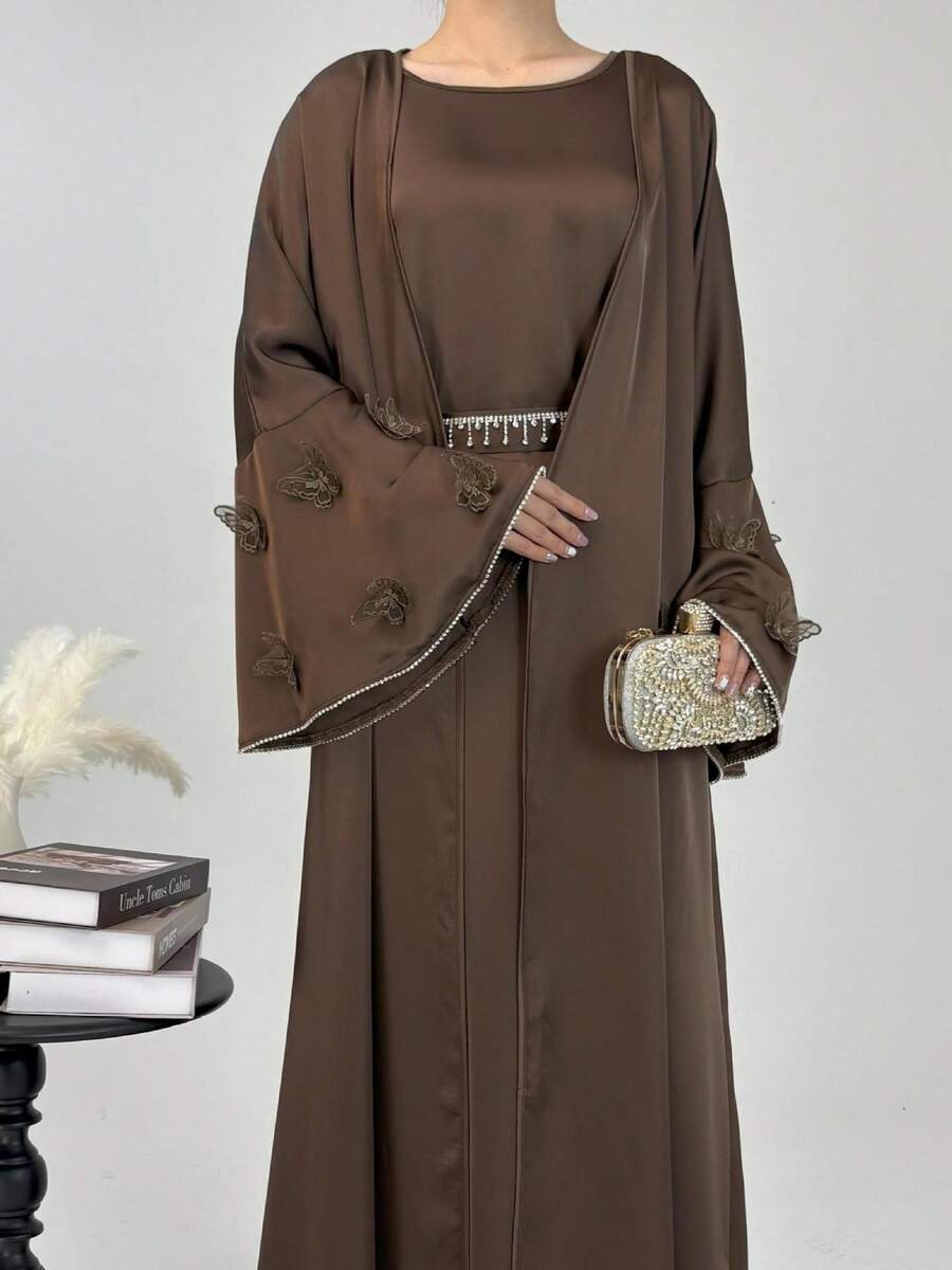2 Pieces Set Muslim Middle Eastern Women Party Dress, Satin Maxi Robe With Butterfly Embroidery & Rhinestones Waistband