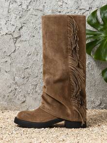 Slouchy Fringe Western Cowboy Boots For Women, Knee High Low Heel Cowgirl Boots, Suede Boots For City Walk, Music Festival & Country Concert - màu nâu - Xem 8