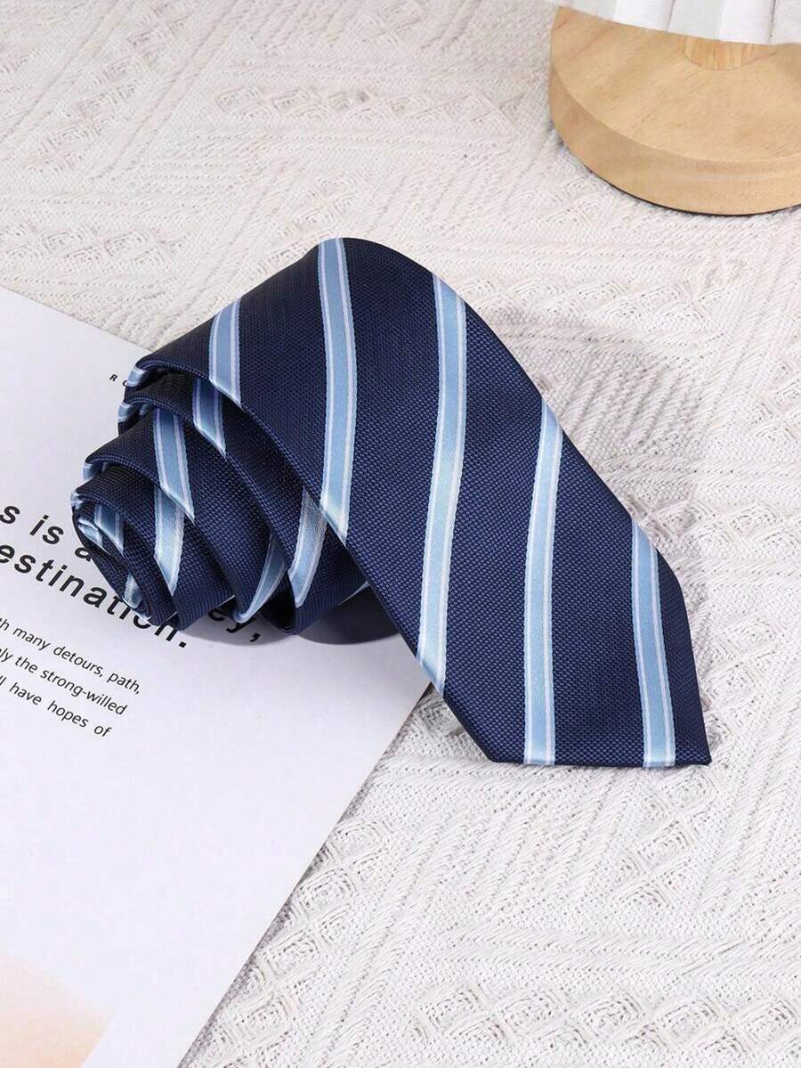 1pc Jacquard Weave 8cm Navy Blue & Blue Striped Necktie, Unisex Business Attire - Multicolor - View 1