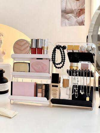 1 Stück Schminktisch Organizer, Schmuckaufbewahrungsregal, minimalistischer & modischer Makeup Pinselhalter, Lippenstifthalter, Schminktisch Organizer, 2-in-1 Schmuck & Kosmetik Aufbewahrungsregal, Badezimmer Ablageregal, Halter für Halsketten & Armbänder