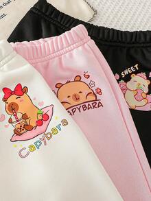 3 件套女婴可爱卡通水豚印花长袖连帽运动衫和松紧腰印花水豚裤套装，休闲春秋装