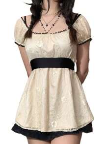 Women Long Tops, Patchwork Short Sleeve A-Line Shirt Vintage Girl Lace Holiday Streetwear - White - View 1