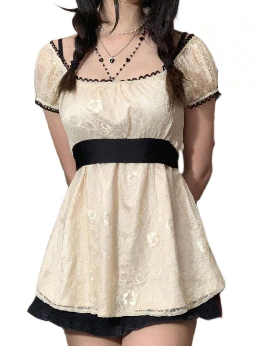 Women Long Tops, Patchwork Short Sleeve A-Line Shirt Vintage Girl Lace Holiday Streetwear - White - View 1