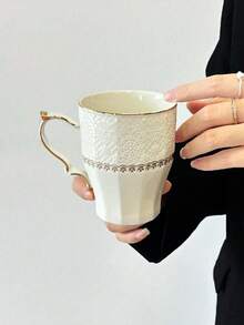 1pc European Style Embossed White Ceramic Gold Rim Mug With Handle, Coffee Cup, Breakfast Milk Cup, Home Afternoon Tea Latte Art Cup, Juice Beverage Cup, Couple Water Cup, Christmas Holiday Gift, Gift For Family And Friends - White - View 11