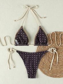 2026 Spring/Summer Women's Brown Polka Dot Lace Triangle Cup Bikini, High Slit Sexy Swimsuit, Suitable For Beach Vacation And Summer Outing - Multicolor - View 3