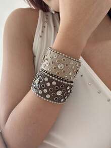 1件朋克风镶钻宽皮手镯，复古西部荒野风格，适合派对、音乐节、街头服饰。 - 圓點 - 查看 2