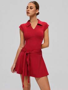 MASKERT Women's Casual Jumpsuit Dress, Comfortable Stretchy Yoga Romper For Sports, Fitness, Commuting - Red - View 4
