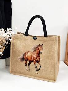 奔马印花亚麻手提包套装，简约大容量单肩包配便携式化妆包，休闲收纳手提包，多功能购物袋，个性化礼品袋或午餐袋 - 全新设计 - 彩色 - 查看 12