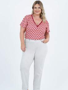 Women's Plus Size Short Sleeve Graphic Blouse - 酒紅色 - 查看 1