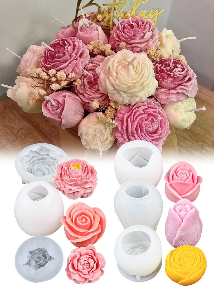 一套硅胶花束蜡烛模具，蜡烛装饰香氛硅胶模具，包含牡丹、玫瑰、心形花和玫瑰花蕾 | DIY树脂、蜡烛和肥皂模具，柔韧可重复使用，适用于手工家居装饰、婚礼工艺品和节日礼物（情人节、母亲节、生日）