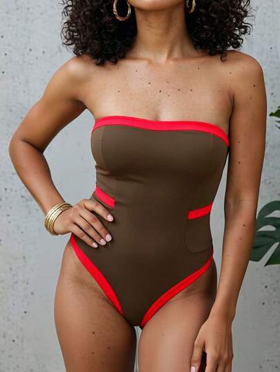 优雅撞色露背泳衣，配搭扣肩带，适合海滩度假，夏季穿着