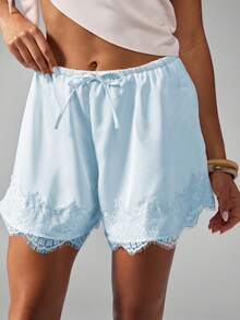 Women Drawstring Shorts Casual Loose Fit Stylish Solid Lace Trim Mid Rise Shorts - Baby Blue - View 2