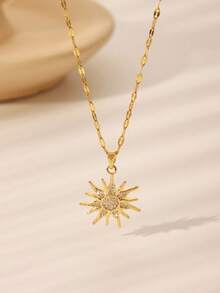1件时尚欧美风格向日葵镶嵌闪亮锆石设计，不锈钢镀金链项链，适合女性日常佩戴、重要场合、约会、聚会、节日等。 - 金黃色 - 查看 3
