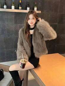Women's New Faux Fur V-Neck Coat, Minimalist Furry Jacket, Autumn/Winter - Mocha Brown - View 2