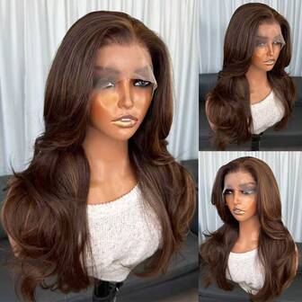 Kanekalon Futura Hair Brown Mixed Color 13x4 Synthetic Lace Front Wigs For Women 18 Inch Medium Long Wavy Curtain Bangs Glueless Kanekalon Hair Resistant Synthetic Hair Wigs Middle Part 150% Density Ready To Wear Synthetic Wigs For Daily Party Festival Holiday Use Beginner Friendly Wigs Transparent Lace Wigs