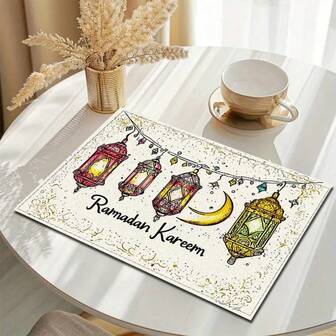 4 Stück Ramadan Thema Tischsets, dekoriert mit Halbmond- und Laternenmustern. Geeignet für Zusammenkünfte, Essen und Feiertagsdekorationen. Größe: 30x45cm, verwendbar für Heimdekoration, Feiertags-Tischdekorationen, Landhausstil Feiertagsdekoration, Landhausstil Dekoration, waschbar, strapazierfähiges Material, Feiertags-Tischdekorationen und Unterhaltung Zuhause.