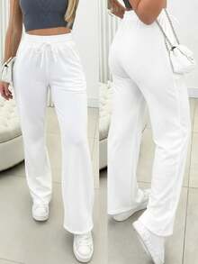 Comfortable Women's Wide-Leg Sweatpants, Soft, Structured Fit, Casual, Basic, Plain, With A Faux Drawstring. - trắng - Xem 1