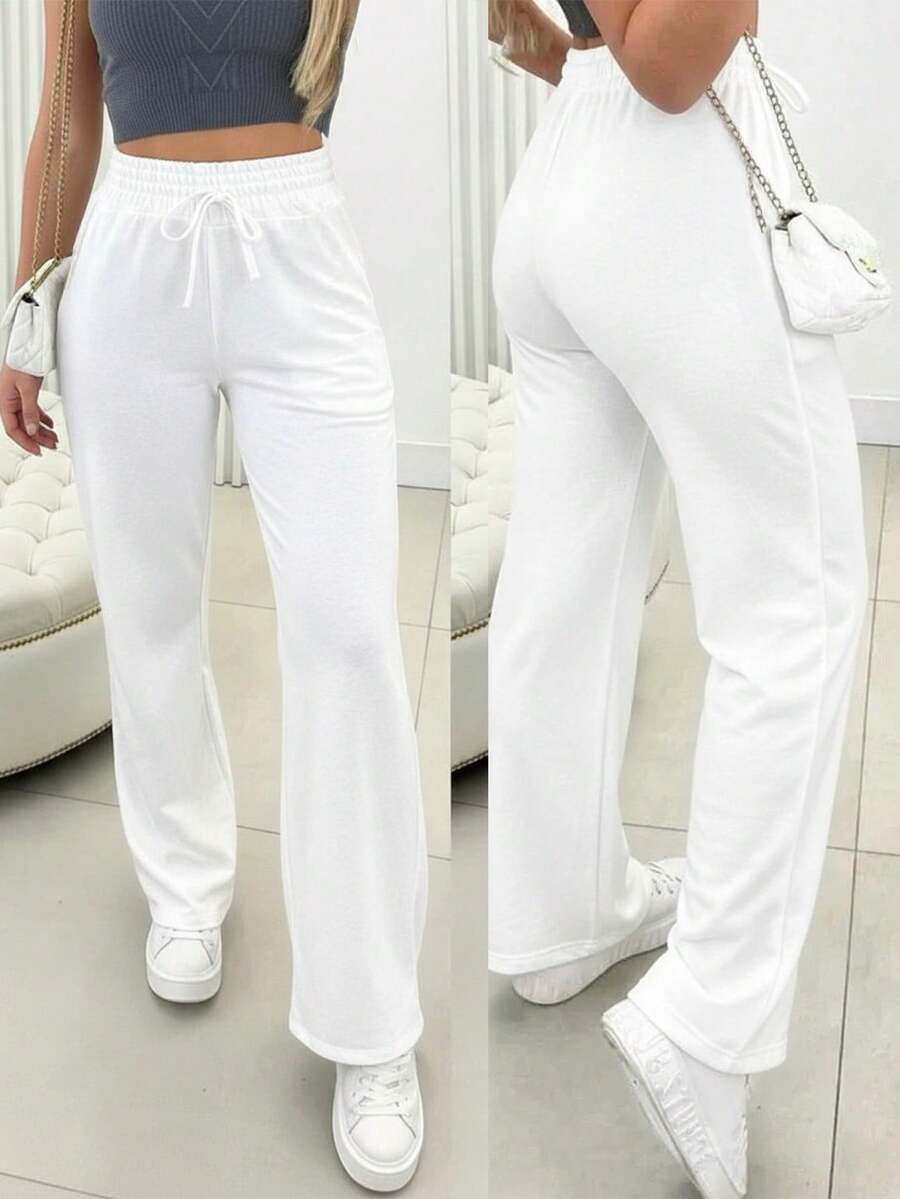 Comfortable Women's Wide-Leg Sweatpants, Soft, Structured Fit, Casual, Basic, Plain, With A Faux Drawstring. - trắng - Xem 1