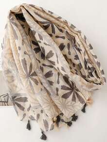 新款波西米亚印花围巾，轻盈透气流苏披肩，优雅女士防晒沙滩旅行围巾 - 米色 - 查看 4