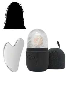 3pcs Set: Ice Roller + Stainless Steel Gua Sha Board + Plush Bag - Facial Care Ice Roller Set, Facial Massage Tool, Silicone Ice Roller, Ice Roller, Stainless Steel Gua Sha Board, For Relieving Facial And Eye Puffiness - Black - View 1