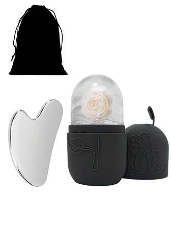 3pcs Set: Ice Roller + Stainless Steel Gua Sha Board + Plush Bag - Facial Care Ice Roller Set, Facial Massage Tool, Silicone Ice Roller, Ice Roller, Stainless Steel Gua Sha Board, For Relieving Facial And Eye Puffiness