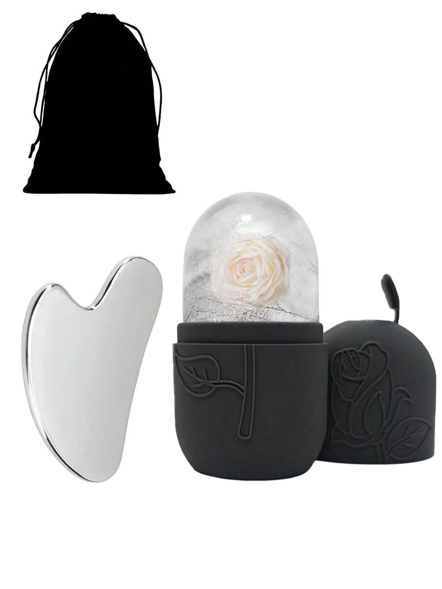 3pcs Set: Ice Roller + Stainless Steel Gua Sha Board + Plush Bag - Facial Care Ice Roller Set, Facial Massage Tool, Silicone Ice Roller, Ice Roller, Stainless Steel Gua Sha Board, For Relieving Facial And Eye Puffiness - Black - View 1