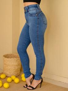 New Vintage Effect Jeans With High, Wide Waistband And 2 Front Buttons, Butt-Lifting Design, Vintage Effect, Butt Lifting Design. - Rửa trung bình - Xem 1