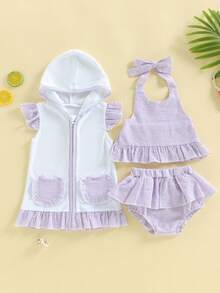 Traje de baño de tres piezas para niñas pequeñas, elegante y moderno, sin mangas, con parte inferior de bikini y cuello halter, bonito conjunto de trajes de baño para vacaciones en la playa. - Morado - Ver 6