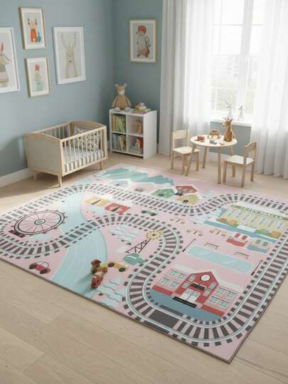 1 Parça Şehir Tren Yolu Desenli Çocuk Dekoratif Halısı, Yatak Odası Dekoru, Küçük Kilim, Halı, Ev Dekorasyonu, Oturma Odası Halısı, Oturma Odası Küçük Kilimi, Yatak Odası Halısı, Oturma Odası Ev Dekorasyonu, Dış Mekan Halısı, Yıkanabilir Halı