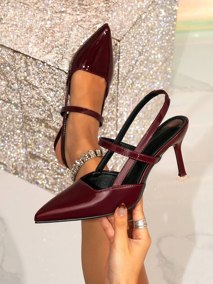 1 Pair Solid Color Pointed Toe Hollow Out High Heel Pumps, Suitable For Commuting And All Seasons - Burgundy - View 1
