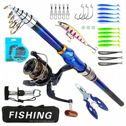 Bộ cần câu và máy câu bằng sợi thủy tinh dạng thu gọn - Máy câu quay + Bộ dụng cụ câu cá đầy đủ (Mồi, Lưỡi câu, Dây câu) dành cho câu cá nước ngọt và nước mặn.