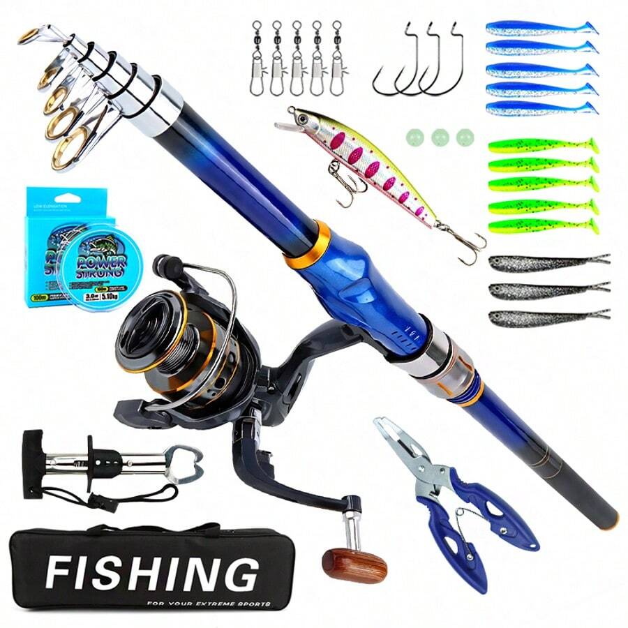 伸缩式玻璃纤维钓竿和渔线轮组合套装 - 纺车轮 + 全套钓具（鱼饵、鱼钩、鱼线），适用于淡水和海水垂钓