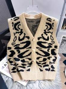New V-Neck Leopard Print Knit Vest Women, Single-Breasted Short Cropped Tank Top, Retro Chic Style Slim Fit Layering Camisole - Multicolor - View 1