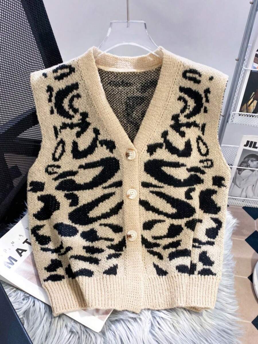 New V-Neck Leopard Print Knit Vest Women, Single-Breasted Short Cropped Tank Top, Retro Chic Style Slim Fit Layering Camisole - Multicolor - View 1