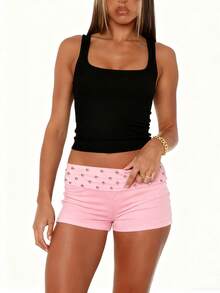 Studded Foldover Shorts For Women Rivet Low Rise Mini Lounge Sleep Pj Micro Shorts Comfy Fold Over Shorts Bottoms - Pink - View 3