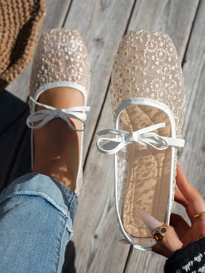 Quadratische Zehenkappe mit Schleifen-Dekor Damen Flache Schuhe, gestrickte Lässig Schuhe, Große Größen, bequeme Ballett Schuhe, atmungsaktive Sommer Slip-On Loafer, vielseitige Lässig Schuhe, Boho-Stil, Schwarz/Weiß/Rosa, Frühling/Herbst Flache Schuhe, Große Größen Europäisch und Amerikanisch Stil, Chinesischer Stil elegante Mesh Lässig Walkingschuhe, einfarbige Slip-On Schuhe