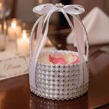 Cesta de flores para niña de la boda con decoración de diamantes de imitación, cesta de boda para una noche romántica, decoraciones para fiesta nupcial - plata - Ver 3