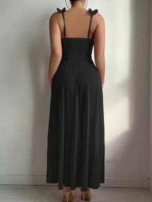 2件套女士性感透视网纱蕾丝露背低胸花朵开衩吊带长裙，性感内衣，适合居家、夜店或私人派对穿着，性感内衣 - 黑色 - 查看 5