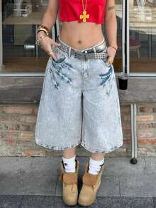 Y2K复古水洗做旧口袋喇叭百慕大牛仔短裤，舒适休闲度假女式七分牛仔裤，春夏款