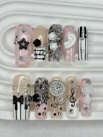 10PCS Musical Retro Vintage Y2K Gyaru French Handmade Press On Nails 3D Rose Bow Pearl Pink Fake Nails Cute Long Coffin Nail Art Nails Supplies(1 Sheets Jelly Stickers+1PC Nail File)