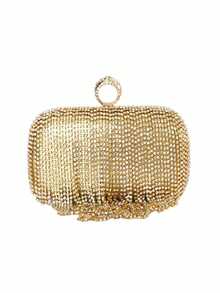 Luxury Rhinestone Tassel Handmade Crystal Ring Clutch Bag, Crossbody Evening Bag - Gold - View 1