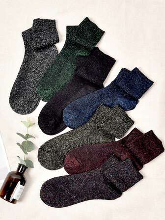 1/3 Pairs/6 Pairs Random Women Shiny Silver Thread Fashion Luxurious Crew Socks, Autumn/Winter