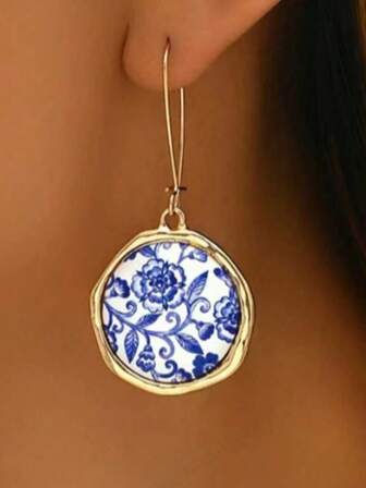 18K Gold Plated Elegant Vintage Blue & White Porcelain Pattern Tassel Earrings - Resin Inlaid, Metal Post, Durable Material, Smooth Surface, Suitable For Daily Wear And Travel, Fashionable Accessory For All Seasons