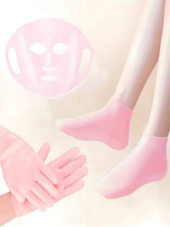 一套硅胶保湿SPA套装 - 面膜套、手套和袜子，增强护肤效果，防滑面膜支架，无酒精无电池硅胶面膜涂抹器，硅胶袜，防干燥保湿袜，足跟去角质及足部护理，足膜，手膜，硅胶面膜，补水