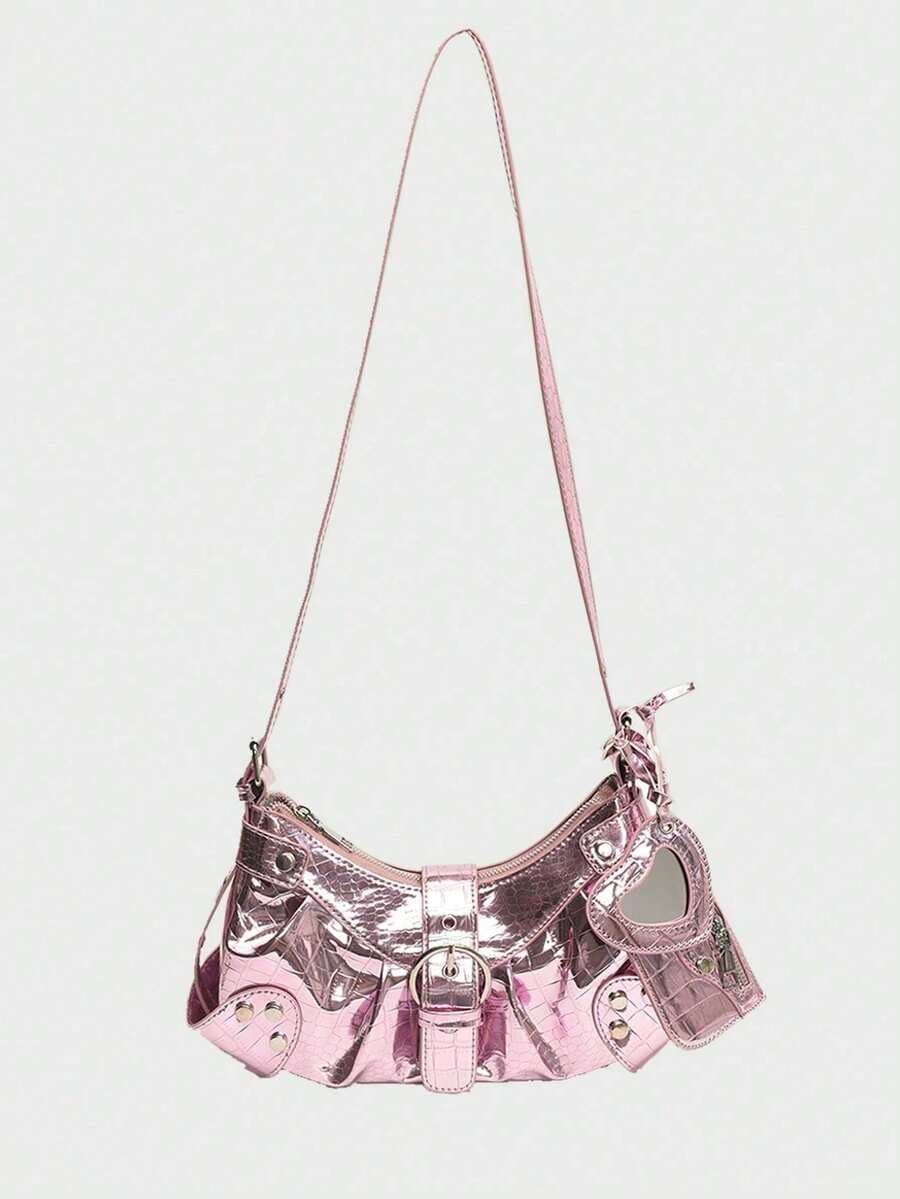 2025 时尚 Y2K 铆钉摩托车包，复古欧式拉链单肩包，油皮设计外观，可作手提包或腋下包使用，时尚商务休闲包，适合办公室、商务和工作场合。 - 粉色 - 查看 1